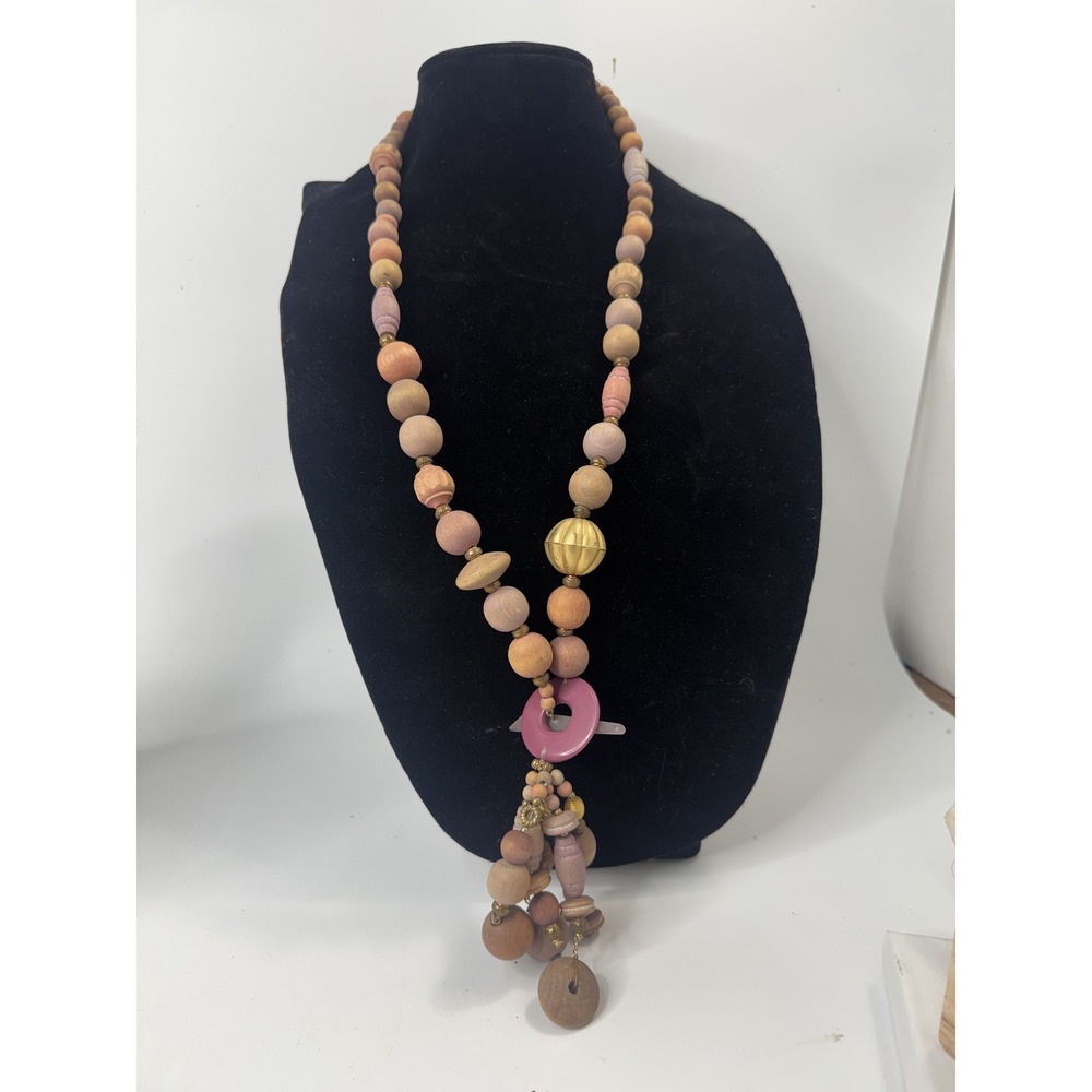 Boho Natural Wood Beaded Tassel Necklace Purple Resin Ring Earthy Mauve Tan